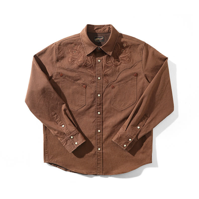 Camicia da cowboy western con rivetti a ferro di cavallo e motivi floreali vintage - Caffè - 3XL - image 1