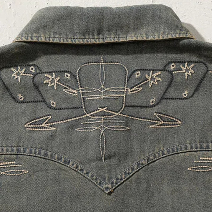 Camicia da cowboy western in denim lavato ricamato Gambler - image 6