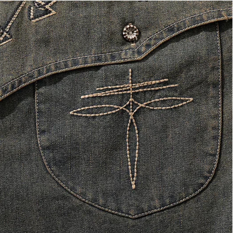 Camicia da cowboy western in denim lavato ricamato Gambler - image 8