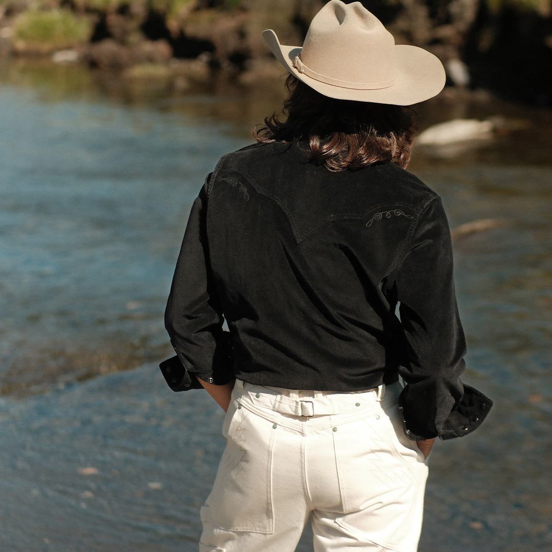 Camicia da cowboy western con ricamo in velluto a coste nero - image 3