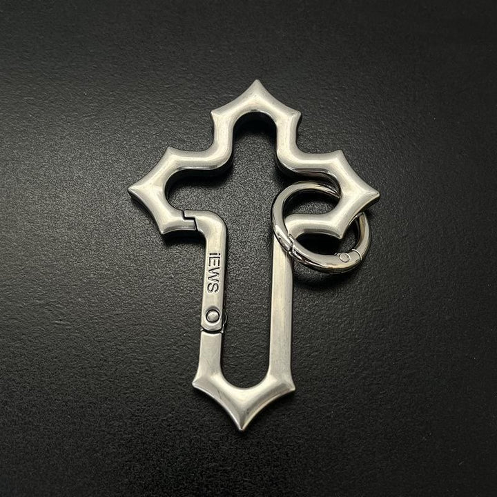Portachiavi in lega a forma di croce con design traforato e anello - Argento antico - image 3