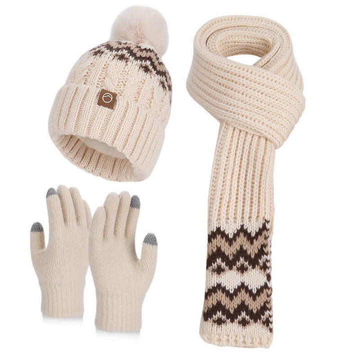 Set di 3 cappelli, sciarpe e guanti con pompon e motivo a onde - Beige - Regolabile (21 5/8"-23 5/8") - image 0