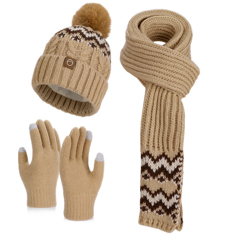 Set di 3 cappelli, sciarpe e guanti con pompon e motivo a onde - Cachi scuro - Regolabile (21 5/8"-23 5/8") - image 4