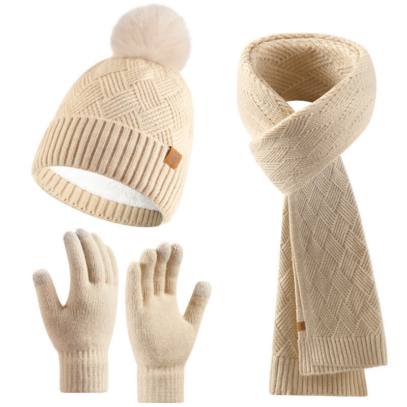 Set di 3 cappelli, sciarpe e guanti con pompon soffici e tinta unita - Beige - Regolabile (21 1/4"-22 7/8") - image 0