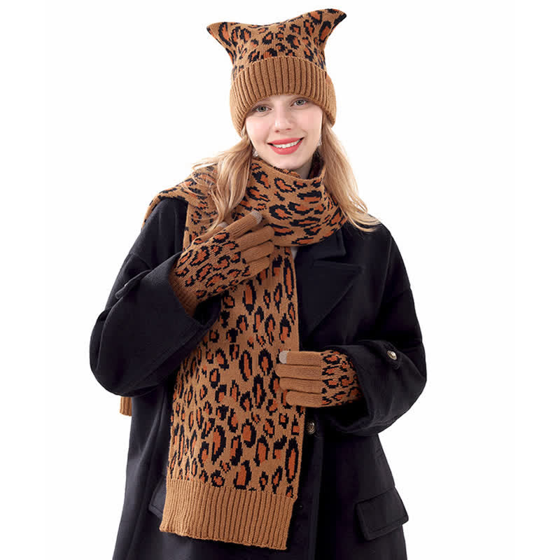 Set di 3 cappelli, sciarpe, guanti e orecchie di gatto con stampa leopardata - image 1