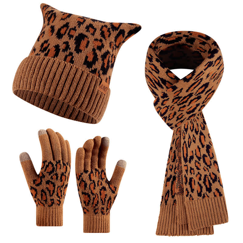 Set di 3 cappelli, sciarpe, guanti e orecchie di gatto con stampa leopardata - Caffè - Regolabile (21 1/4"-22 7/8") - image 0