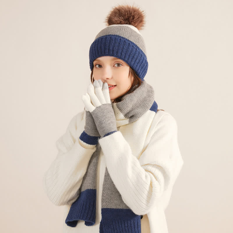 Set di 3 cappelli caldi, sciarpe e guanti a blocchi di colore triplo - image 1