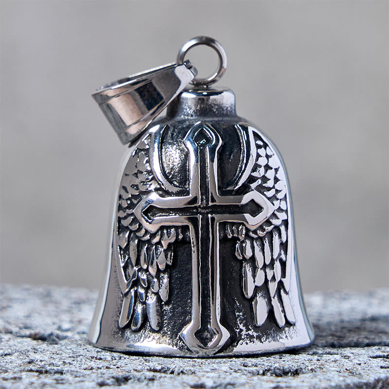 Portachiavi con campana vichinga in argento con croce e ali - image 1