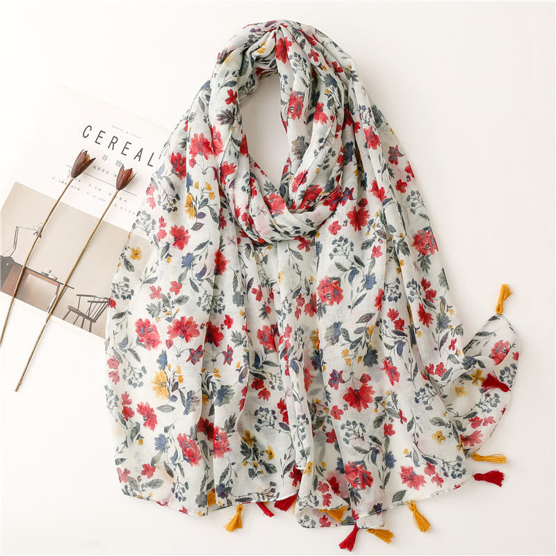 Elegante sciarpa da donna con nappe stampate con fiori e foglie rossi - Fiori e foglie rossi - image 0
