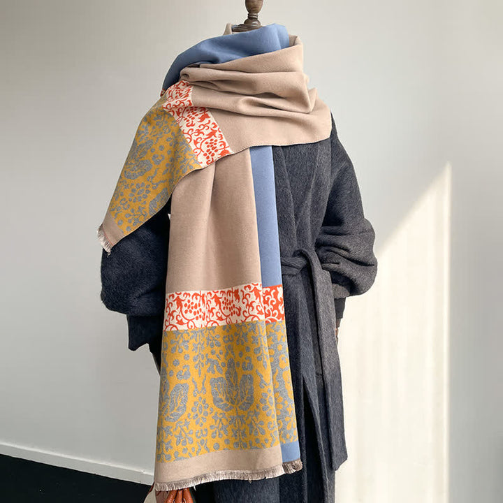 Sciarpa calda con motivo a fiori e foglie in stile patchwork - Blu - image 3