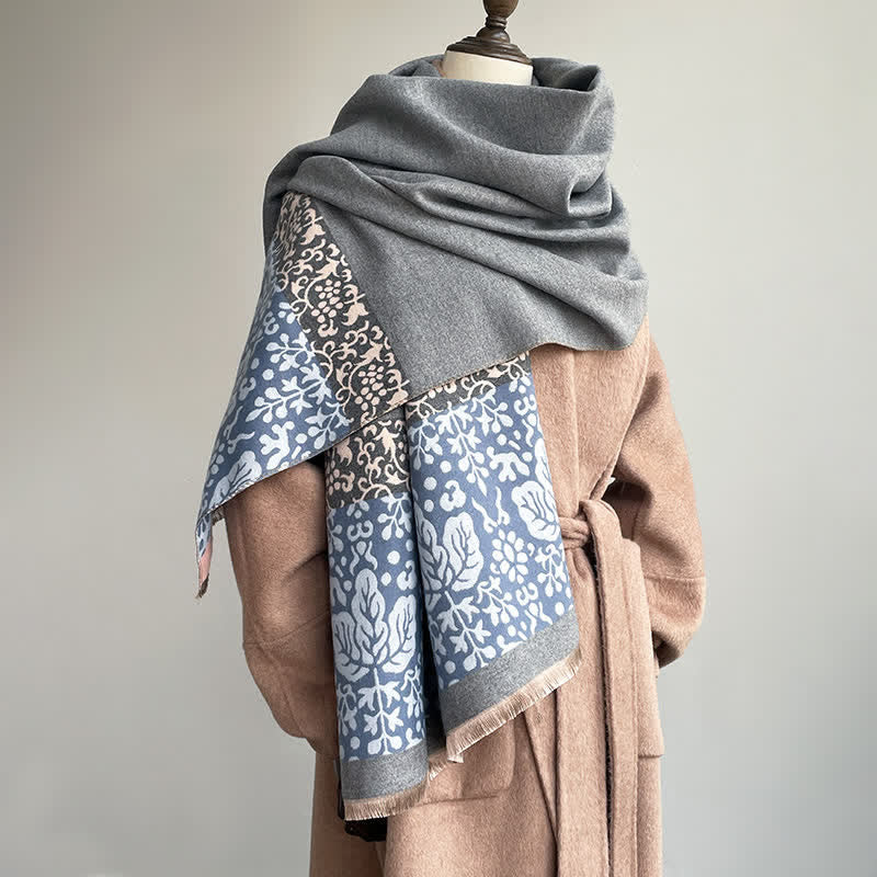 Sciarpa calda con motivo a fiori e foglie in stile patchwork - Grigio - image 0