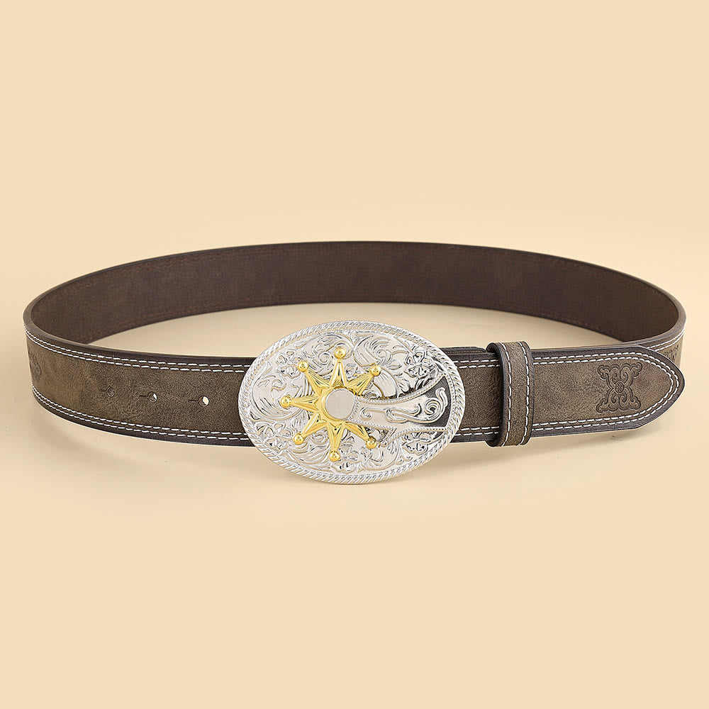 Cintura da uomo in stile western da cowboy con fibbia intagliata in argento - Marrone - 42 - image 0