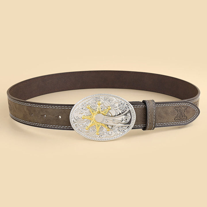 Cintura da uomo in stile western da cowboy con fibbia intagliata in argento - Marrone - 42 - image 0