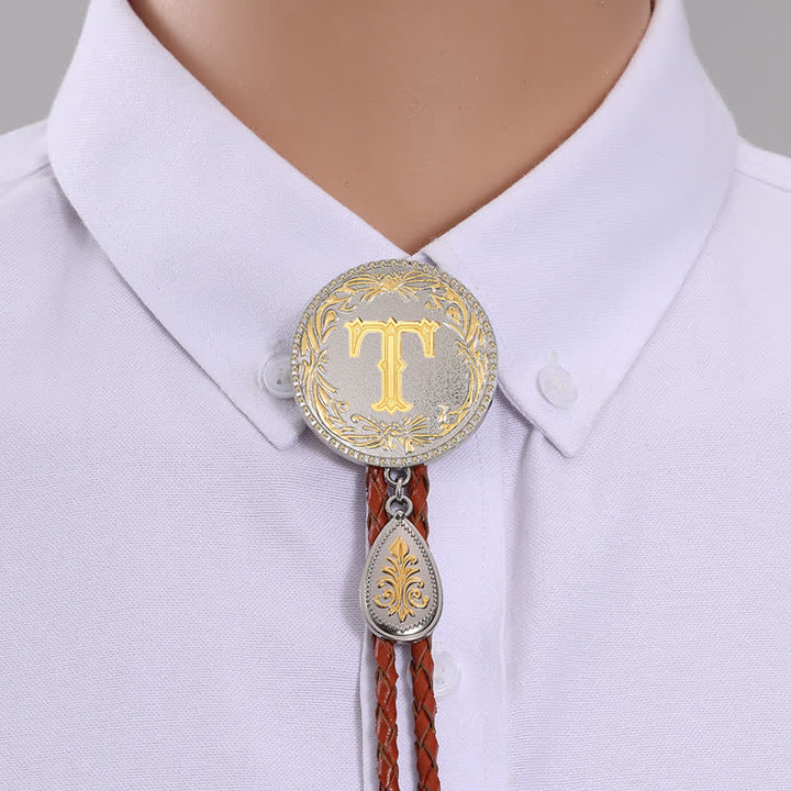 Cravatta Bolo in pelle marrone con iniziale e ciondolo a forma di lacrima - Oro - T - image 22
