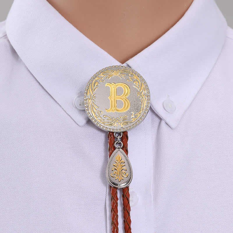 Cravatta Bolo in pelle marrone con iniziale e ciondolo a forma di lacrima - Oro - B - image 5