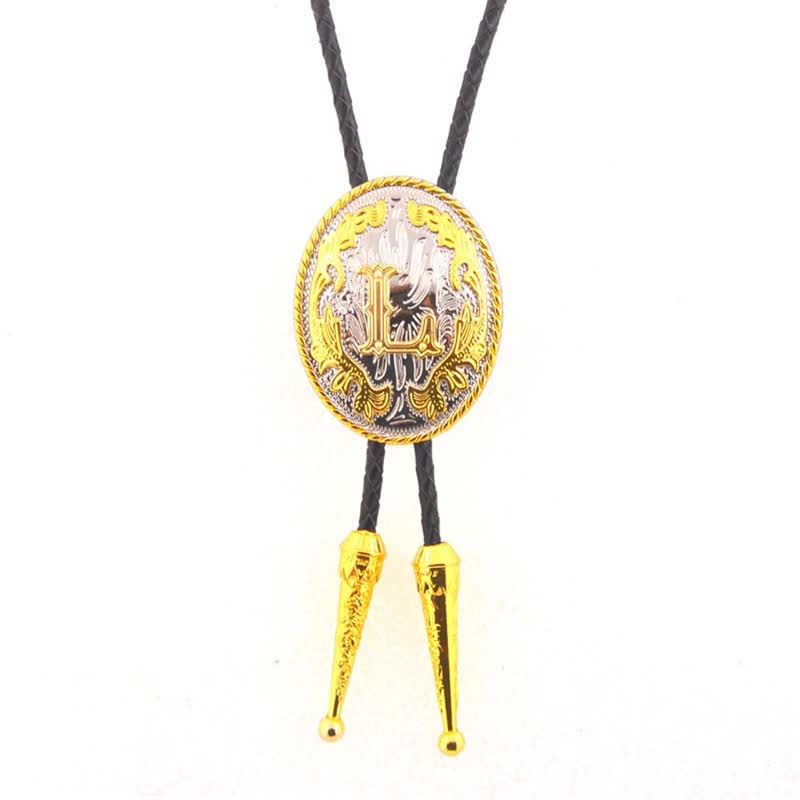 Cravatta Bolo in pelle con iniziale ovale bicolore oro e argento - Oro - L - image 13