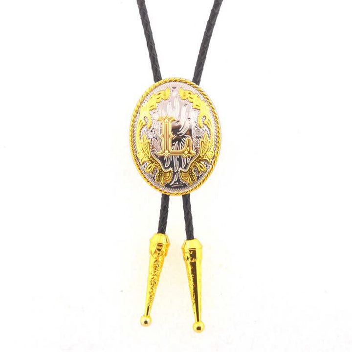 Cravatta Bolo in pelle con iniziale ovale bicolore oro e argento - Oro - L - image 13