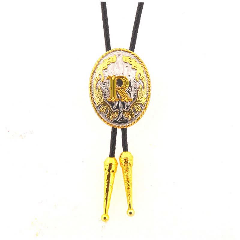Cravatta Bolo in pelle con iniziale ovale bicolore oro e argento - Oro - R - image 18