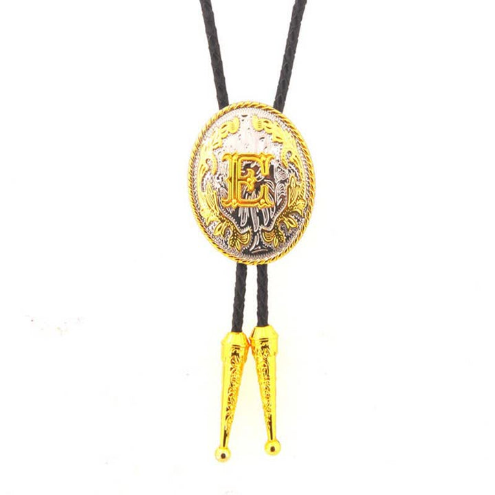 Cravatta Bolo in pelle con iniziale ovale bicolore oro e argento - Oro - E - image 6