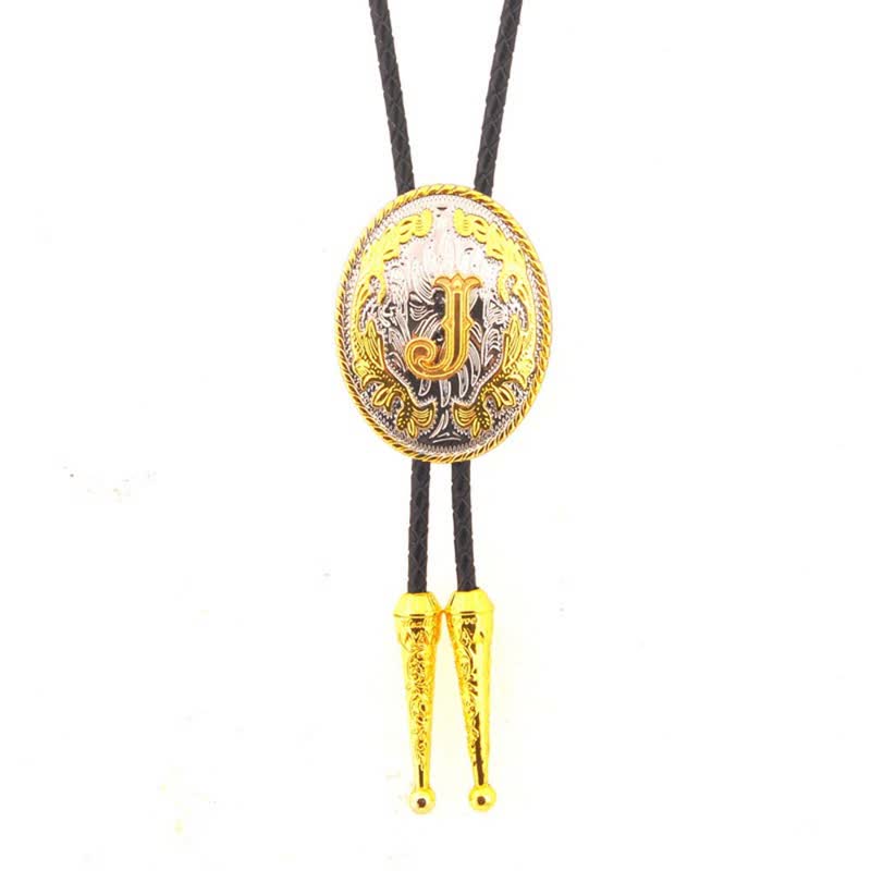 Cravatta Bolo in pelle con iniziale ovale bicolore oro e argento - Oro - J - image 11