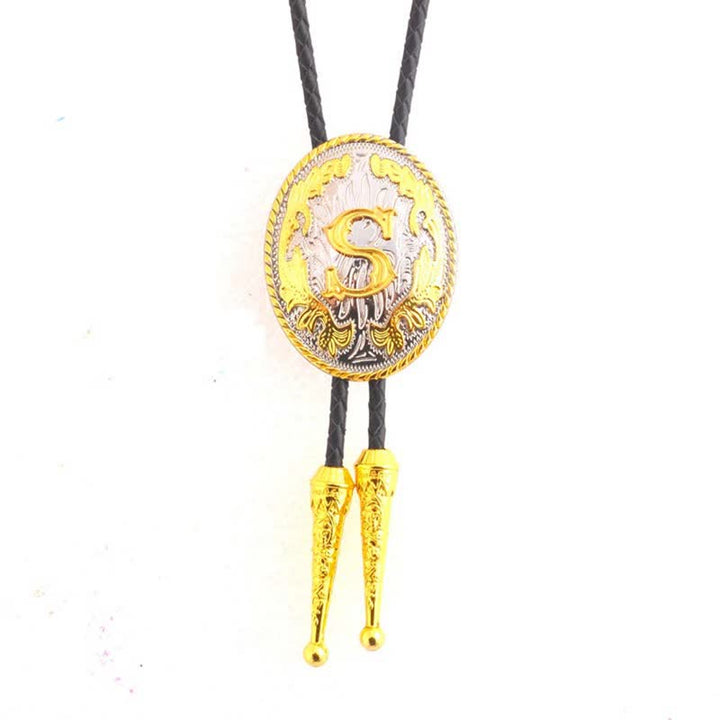 Cravatta Bolo in pelle con iniziale ovale bicolore oro e argento - Oro - S - image 19
