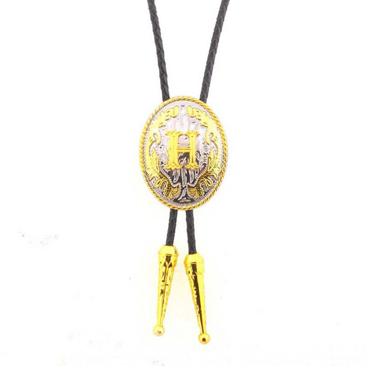 Cravatta Bolo in pelle con iniziale ovale bicolore oro e argento - Oro - H - image 9