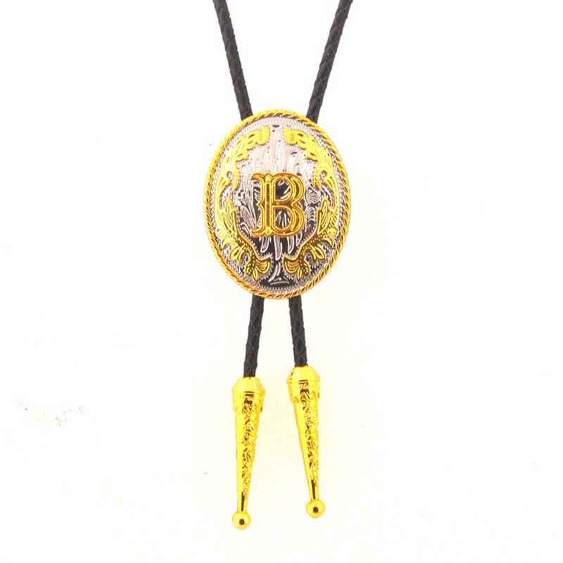 Cravatta Bolo in pelle con iniziale ovale bicolore oro e argento - Oro - B - image 0