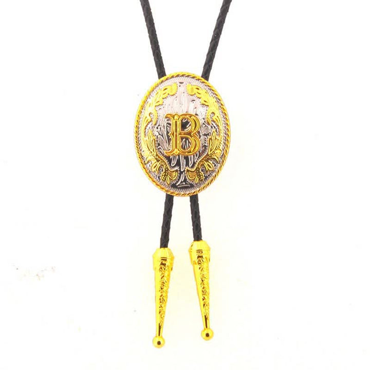 Cravatta Bolo in pelle con iniziale ovale bicolore oro e argento - Oro - B - image 0