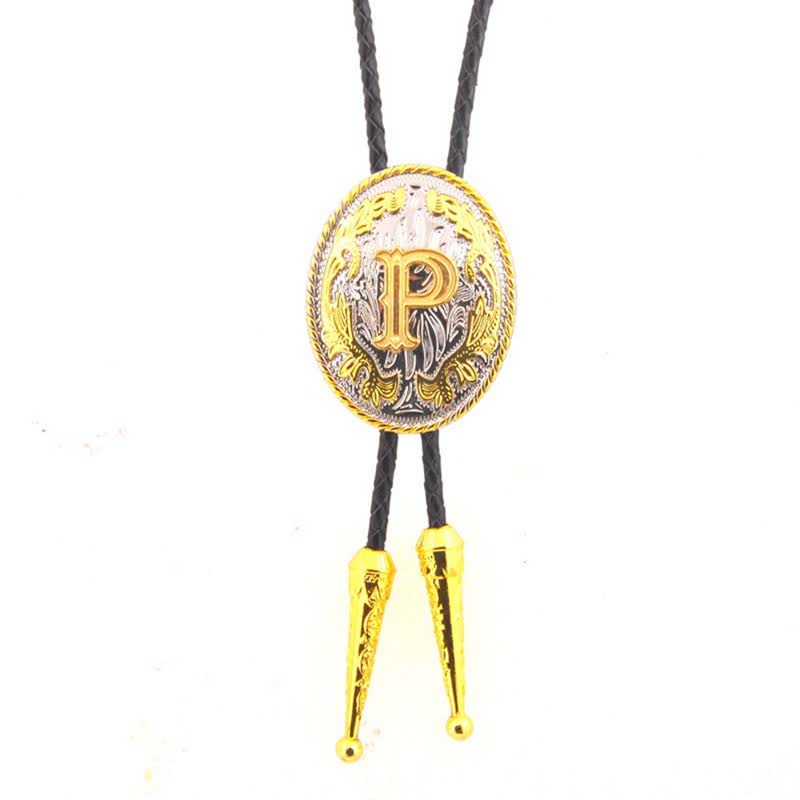 Cravatta Bolo in pelle con iniziale ovale bicolore oro e argento - Oro - P - image 16