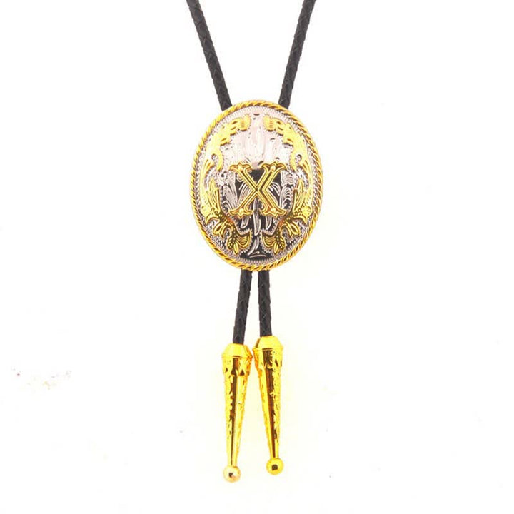 Cravatta Bolo in pelle con iniziale ovale bicolore oro e argento - Oro - X - image 24