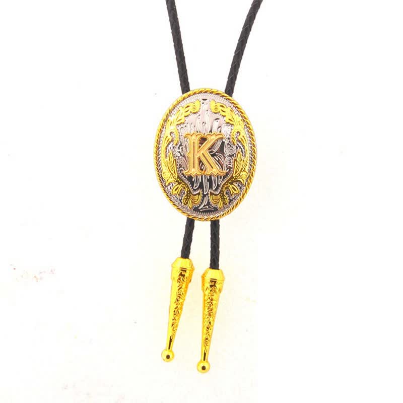 Cravatta Bolo in pelle con iniziale ovale bicolore oro e argento - Oro - K - image 12