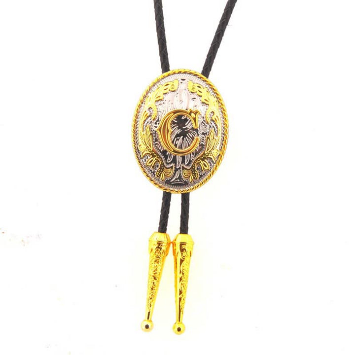 Cravatta Bolo in pelle con iniziale ovale bicolore oro e argento - Oro - C - image 4