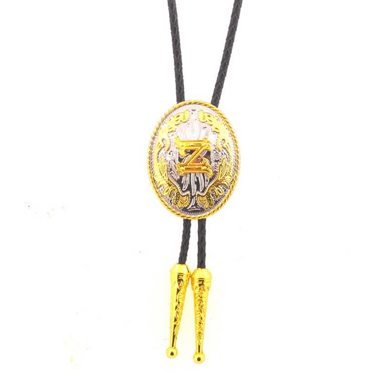 Cravatta Bolo in pelle con iniziale ovale bicolore oro e argento - Oro - Z - image 26