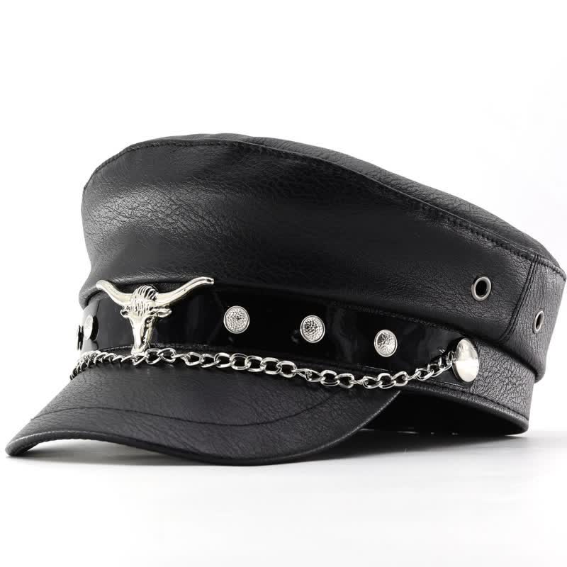 Cappello basco in pelle nera con catena Longhorn Rivets - Stile n. 2 - M (22"-22 7/8") - image 6