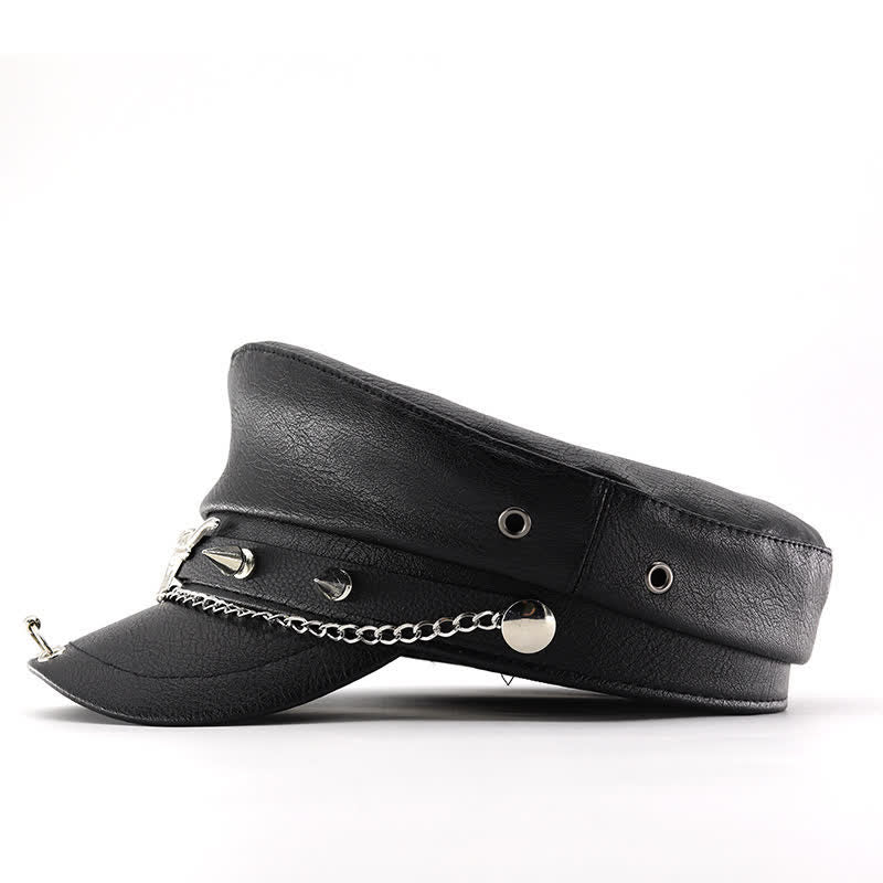 Cappello basco in pelle nera con catena Longhorn Rivets - image 3