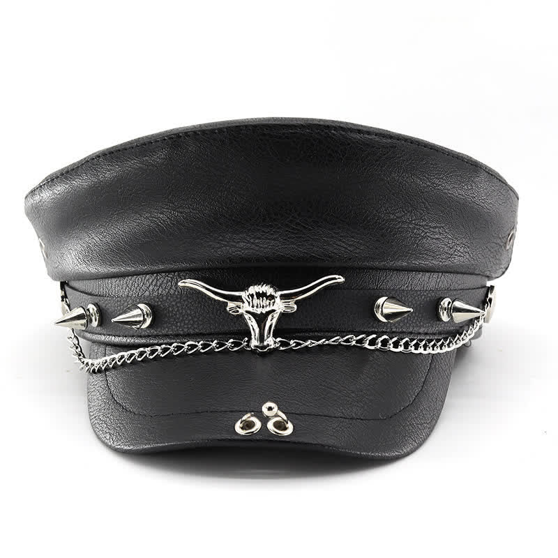 Cappello basco in pelle nera con catena Longhorn Rivets - image 1
