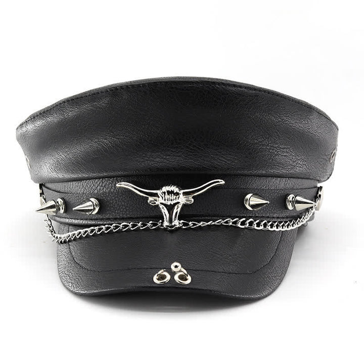 Cappello basco in pelle nera con catena Longhorn Rivets - image 1