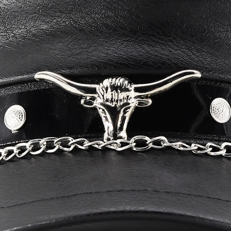 Cappello basco in pelle nera con catena Longhorn Rivets - image 4