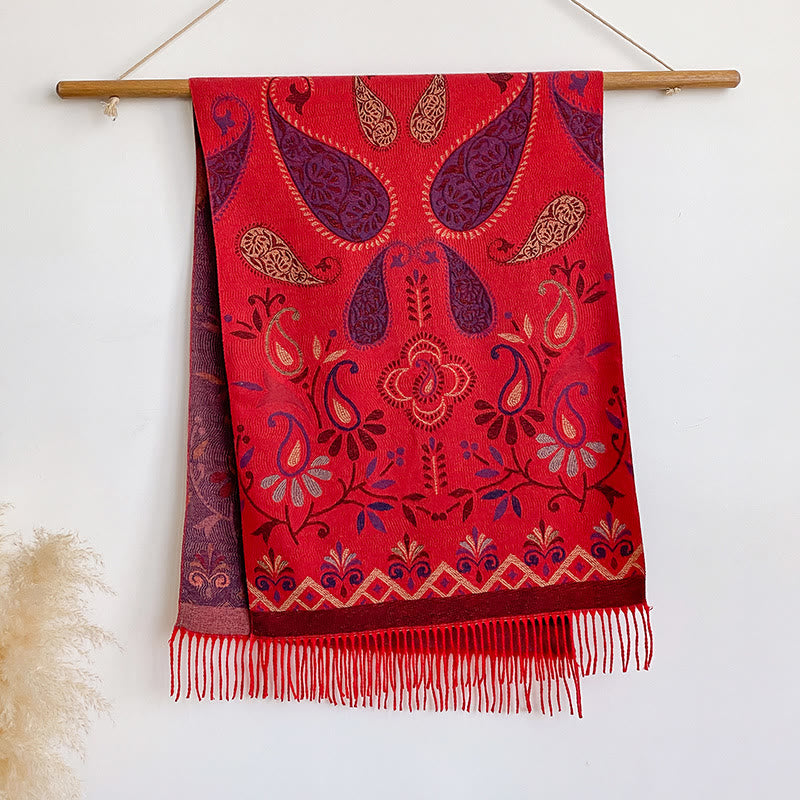 Sciarpa scialle invernale calda con nappe stampate in stile bohémien da donna - Rosso - image 6