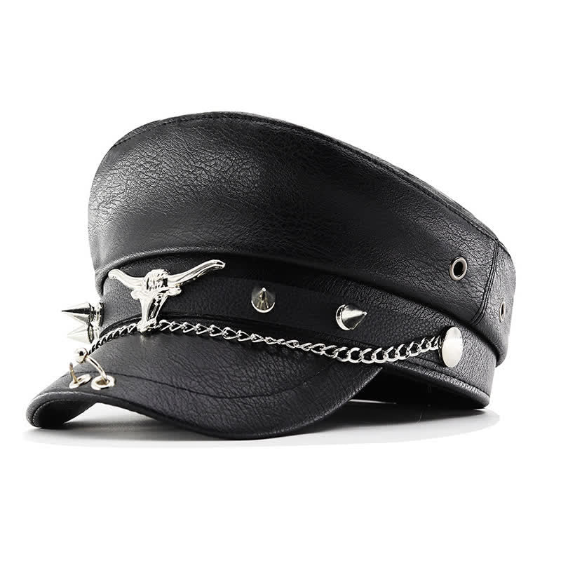 Cappello basco in pelle nera con catena Longhorn Rivets - Stile n. 1 - M (22"-22 7/8") - image 0