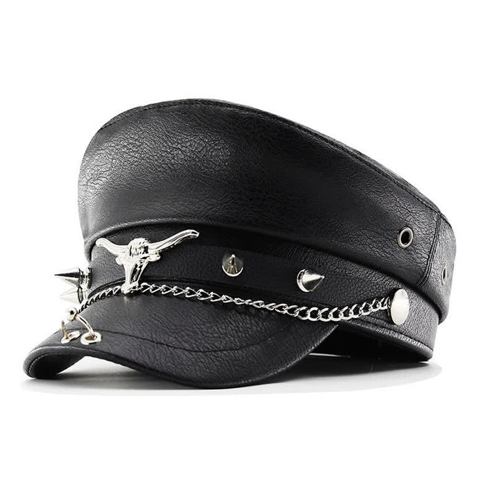 Cappello basco in pelle nera con catena Longhorn Rivets - Stile n. 1 - M (22"-22 7/8") - image 0