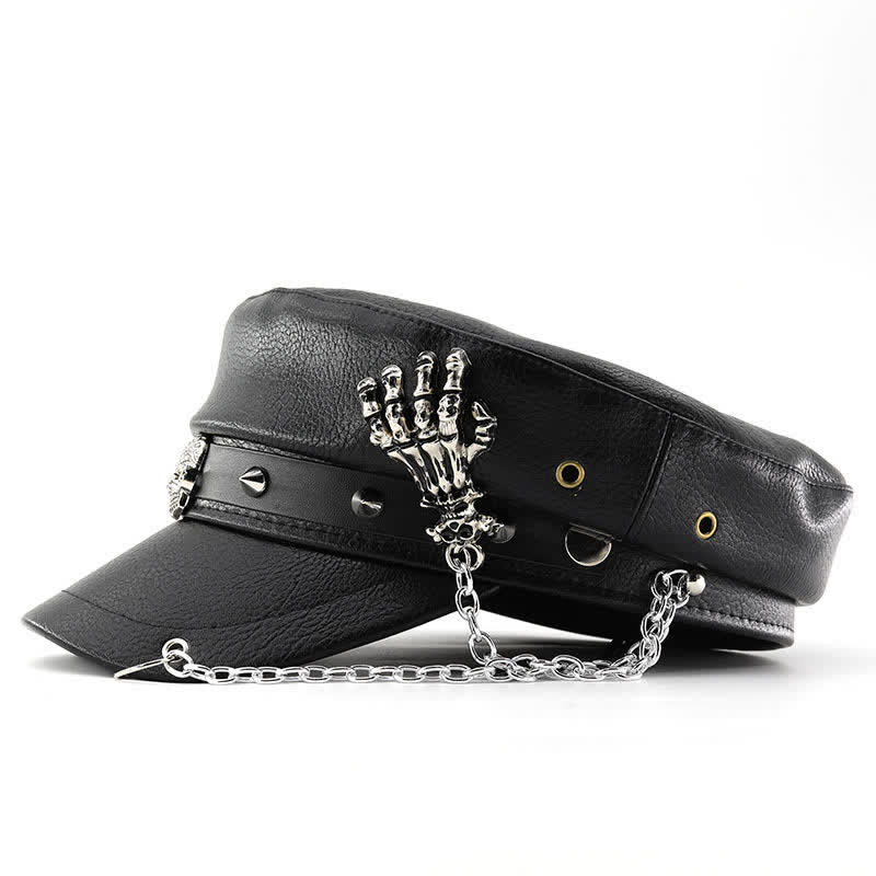Cappello basco in pelle con catena a mano, teschio e scheletro in stile punk - image 2