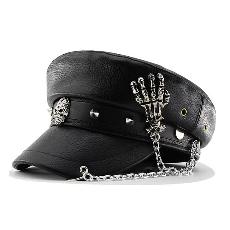 Cappello basco in pelle con catena a mano, teschio e scheletro in stile punk - Nero - M (22"-22 7/8") - image 0