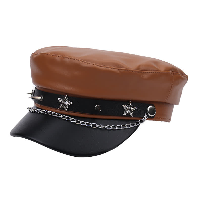 Cappello basco in pelle bicolore con borchie a stella e catena - Caffè - M (22"-22 7/8") - image 10