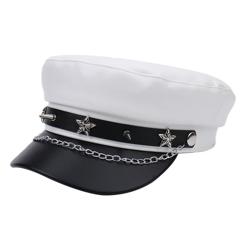 Cappello basco in pelle bicolore con borchie a stella e catena - Bianco - M (22"-22 7/8") - image 7