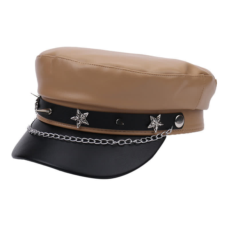 Cappello basco in pelle bicolore con borchie a stella e catena - Cachi - M (22"-22 7/8") - image 0