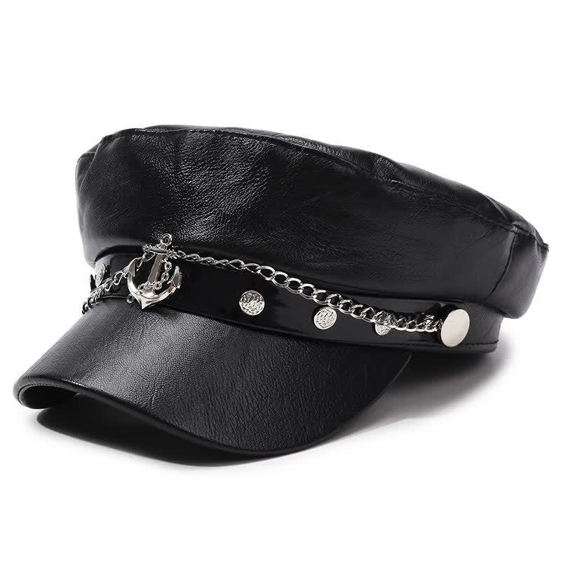 Cappello basco in pelle con borchie di ancora in stile militare e catena - Nero - M (22"-22 7/8") - image 7