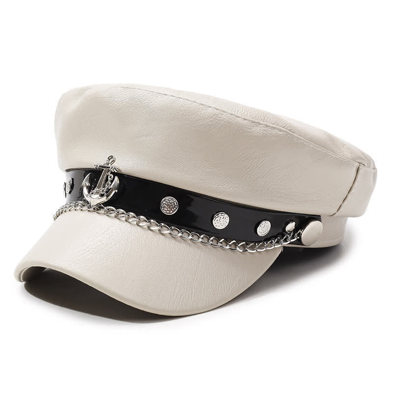 Cappello basco in pelle con borchie di ancora in stile militare e catena - Bianco - M (22"-22 7/8") - image 8