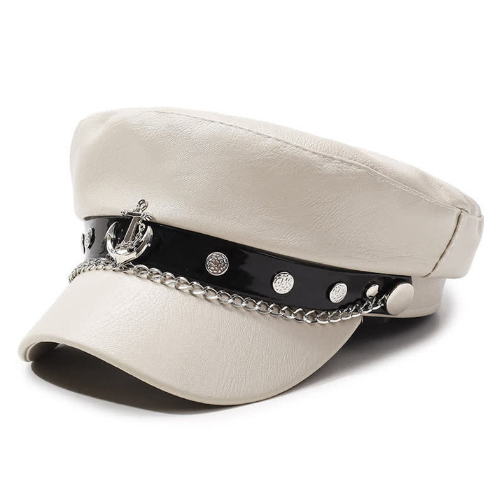 Cappello basco in pelle con borchie di ancora in stile militare e catena - Bianco - M (22"-22 7/8") - image 8