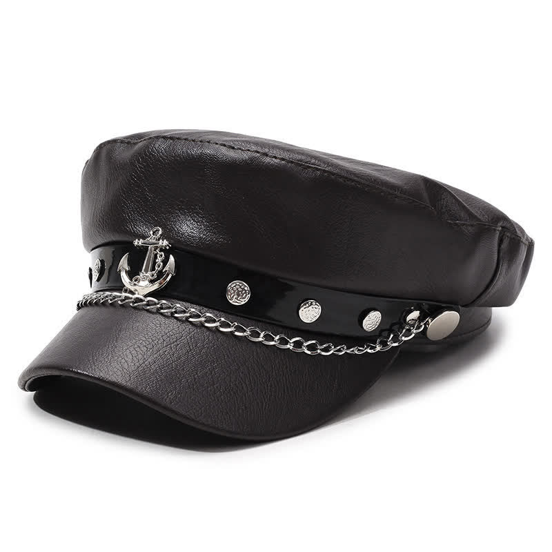 Cappello basco in pelle con borchie di ancora in stile militare e catena - Caffè scuro - M (22"-22 7/8") - image 9